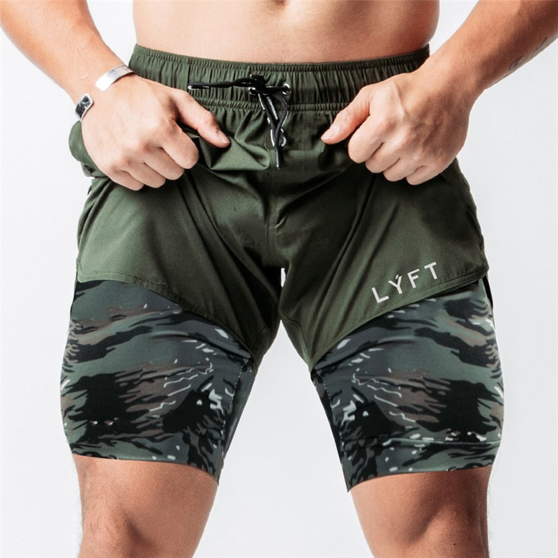 Men Camouflage Woven Double Shorts Green