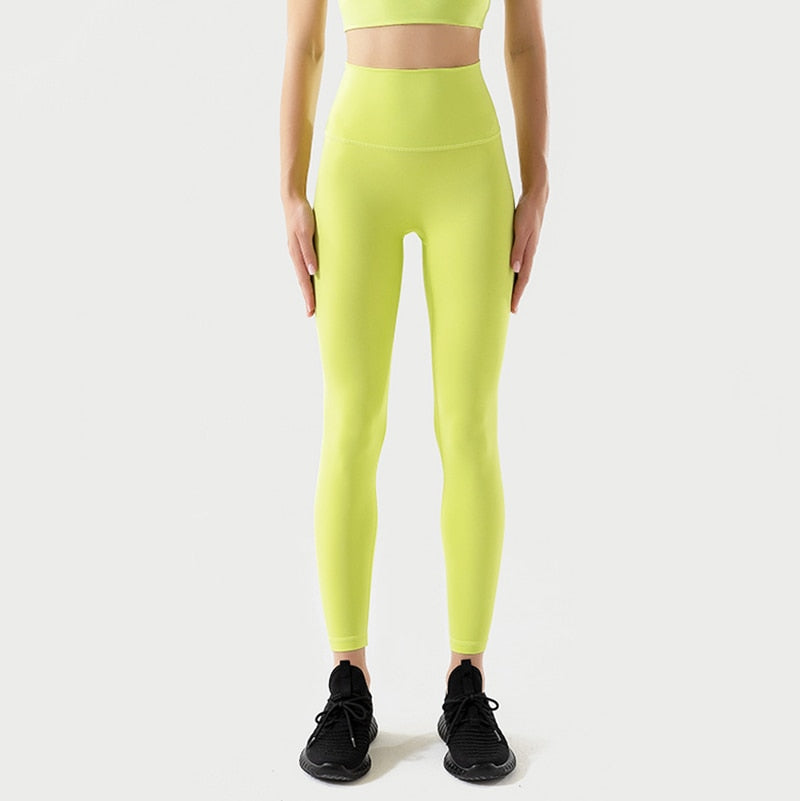 Women Hidden Pocket Nylon Gym Leggings Lemon Yellow