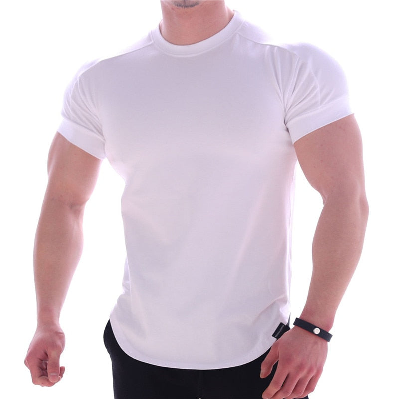 Men Gyms Fitness Short sleeve T-shirt White