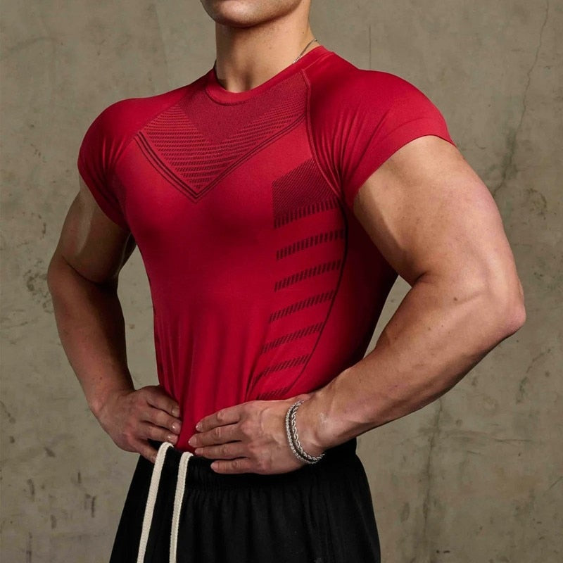 Men Quick Dry Gym tights T Shirt Red