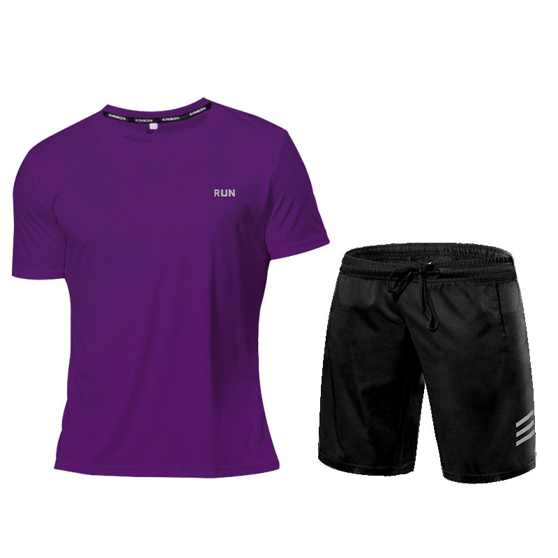 Men Quick-Dry Gym 2 Piece Sets Purple Set