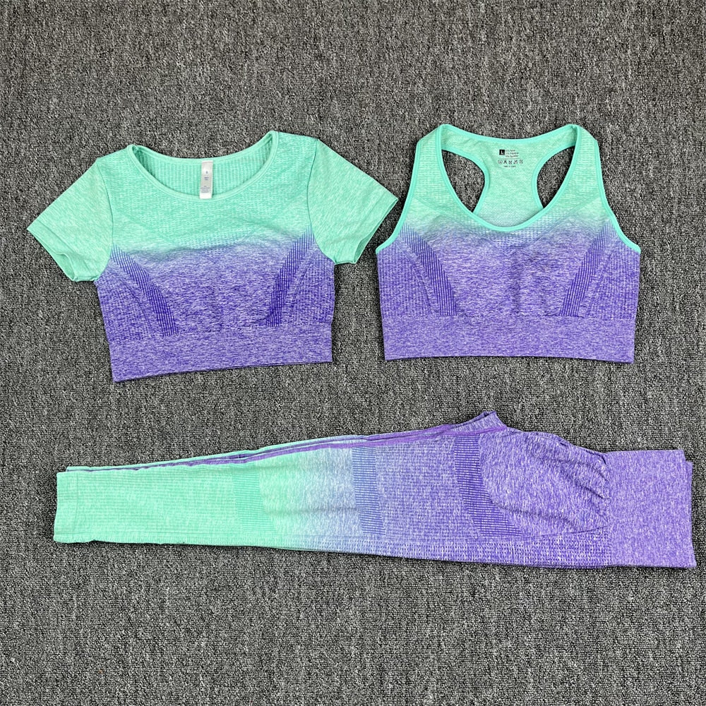 Seamless Women Crop Top Yoga Set Purple 3Pcs Set B