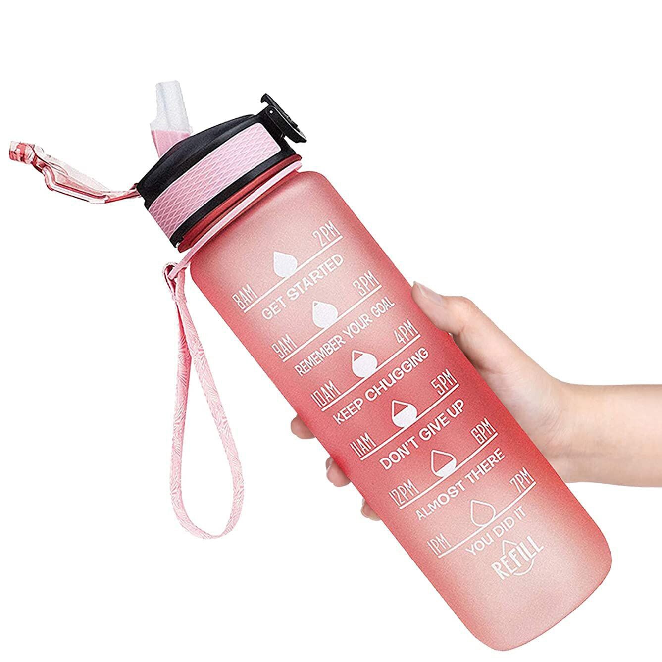 1L Sports Water Bottle with Straw Pink