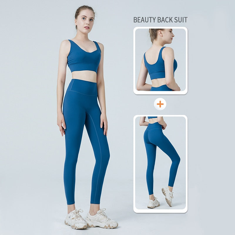 Women Naked feeling Gym Leggings Two Piece-Ink Blue