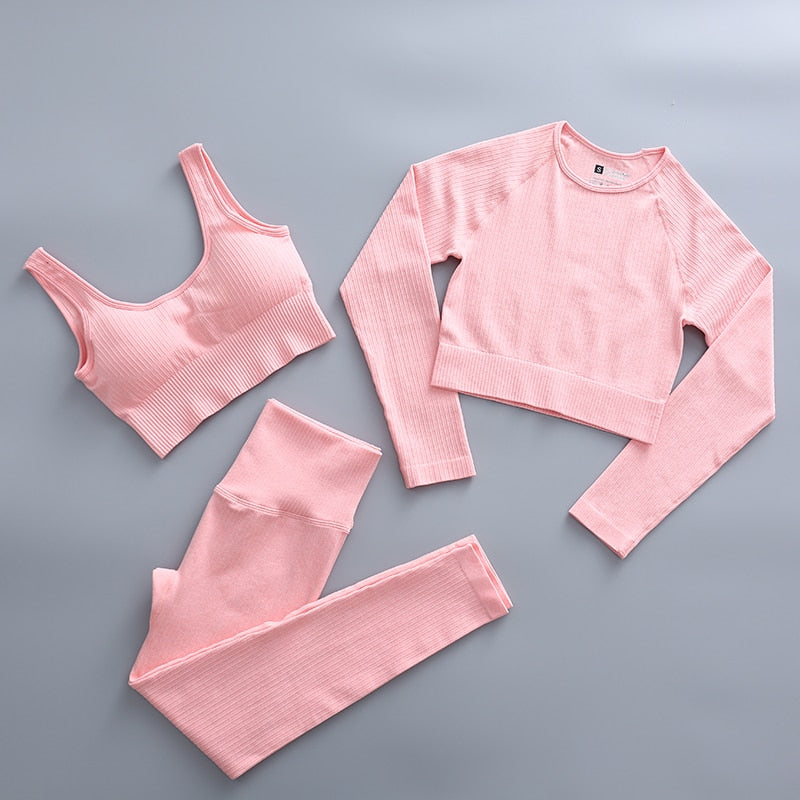 Women Seamless Workout Gym Wear Suits pink-3pcs