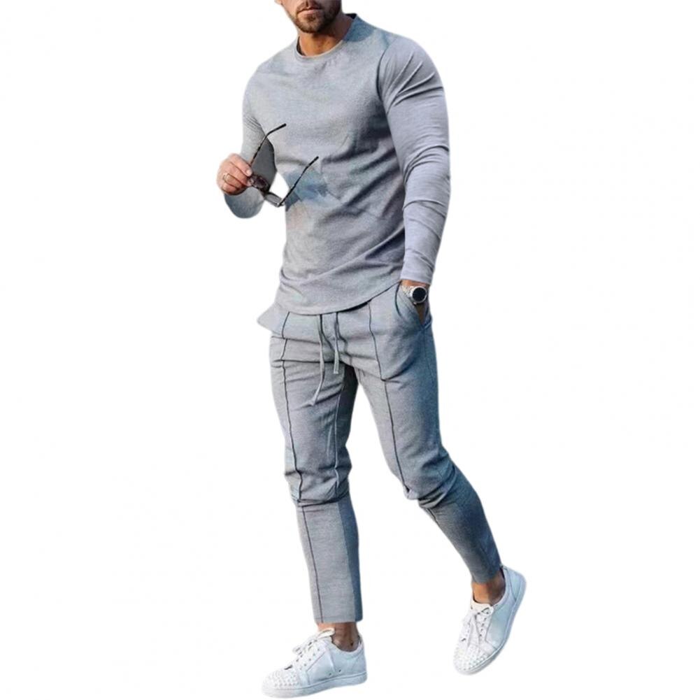 Men Casual Solid Sports Long Sleeved Set Light Grey