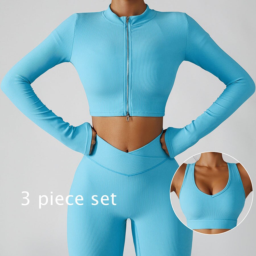 Women 2 Piece Gym Long Sleeve Jacket blue 3-piece set