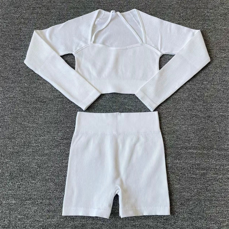 Two Piece Yoga Long Sleeve Tracksuit ShirtShort White