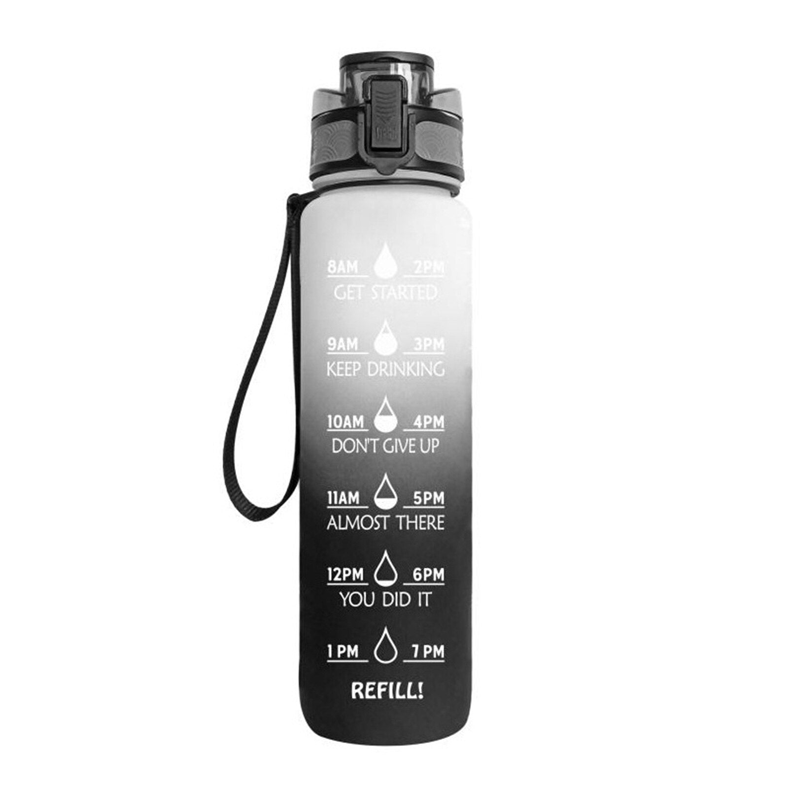 1L Sports Water Bottle with Straw Grey Black