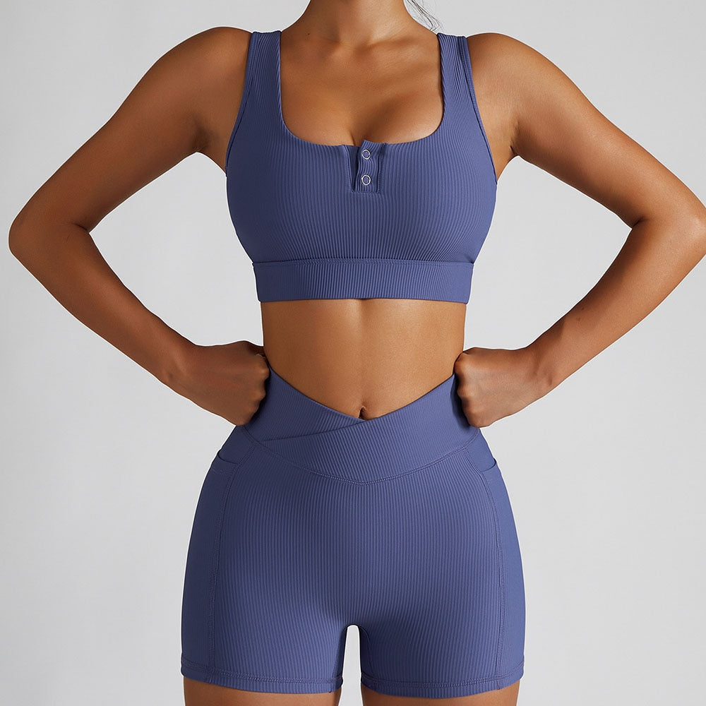 Women Gym Crop Top Bra Shorts Suit-2pcs 5