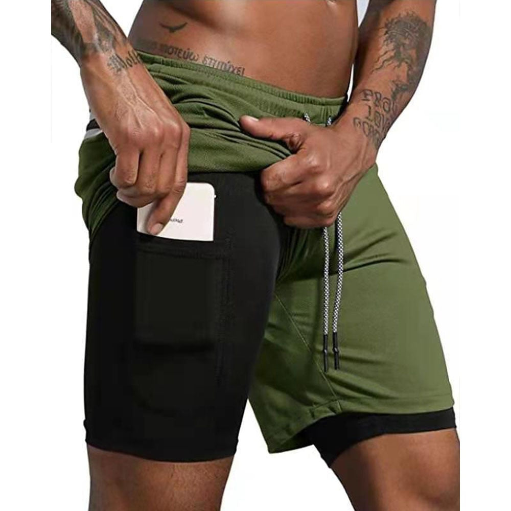 Men Double-deck Running Shorts Black Green