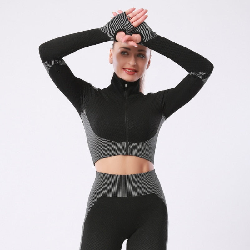 Women Gym Fitness Clothing Set Top Black Grey