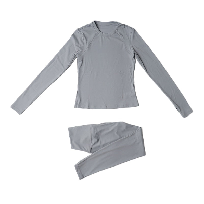 Women Pilates Long Sleeve Gym Shirt Set-Rhino Grey