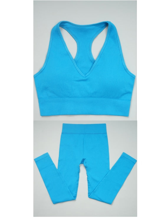 Women Summer Ribbed Gym Set Bra Pants-Blue