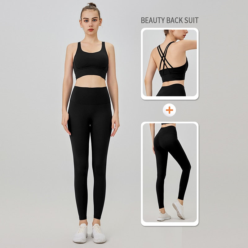 Women Naked feeling Gym Leggings Two-Piece-Black