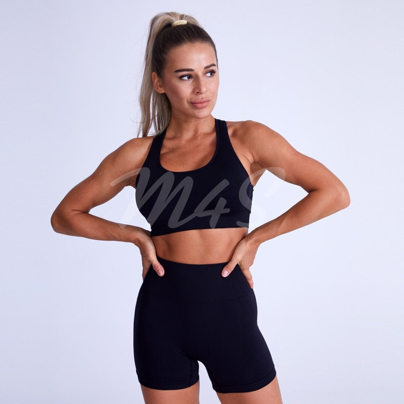 Seamless Ribbed Women Yoga Set 916 short black