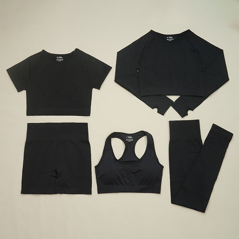 Women Seamless Gym Suits 5pcs set Black