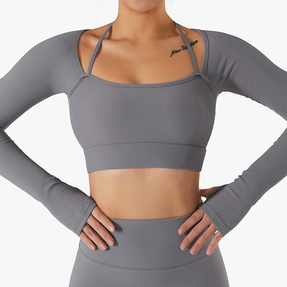 Seamless Women Yoga Sets Grey Shirt 1pc