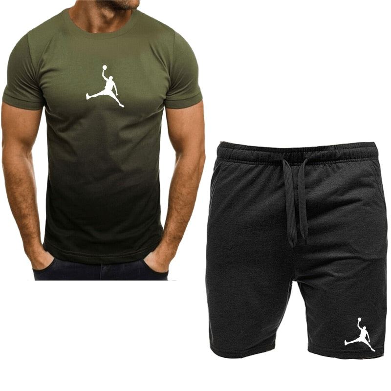 Men Cotton Short Sleeve T-shirt Set green-black-B