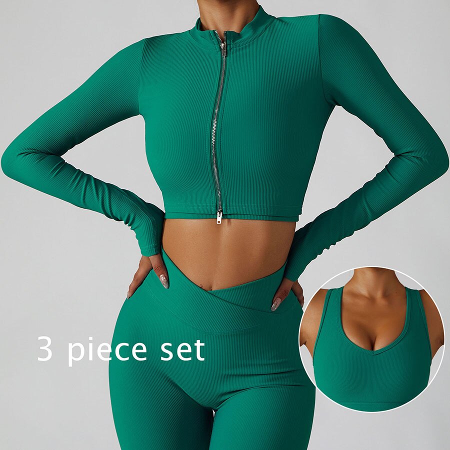 Women 2 Piece Gym Long Sleeve Jacket green 3-piece set