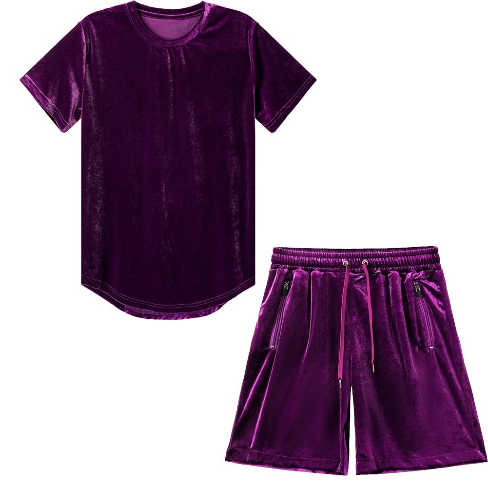 Men Velvet Velour Hip Hop Gym Short Purple