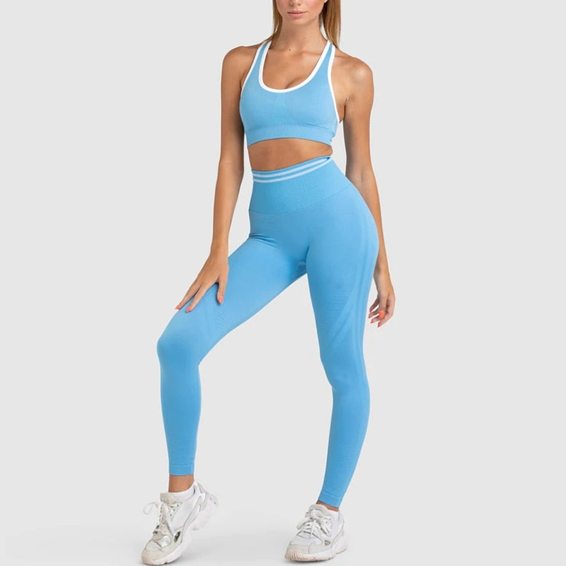 Seamless Women Gym Suits Lake blue Set 2