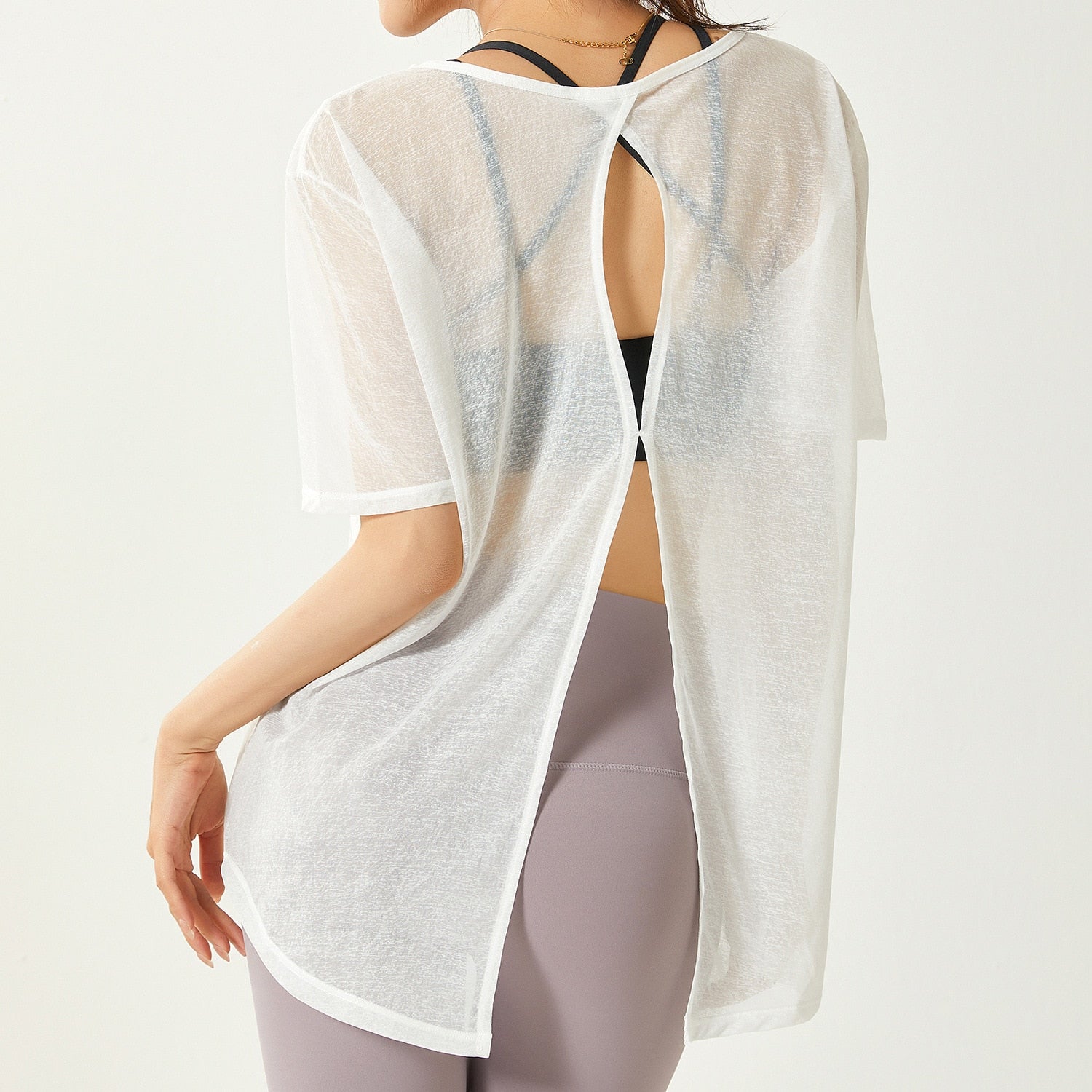 Thin Loose Backless Slit Yoga Shirts QDX146-Moon White