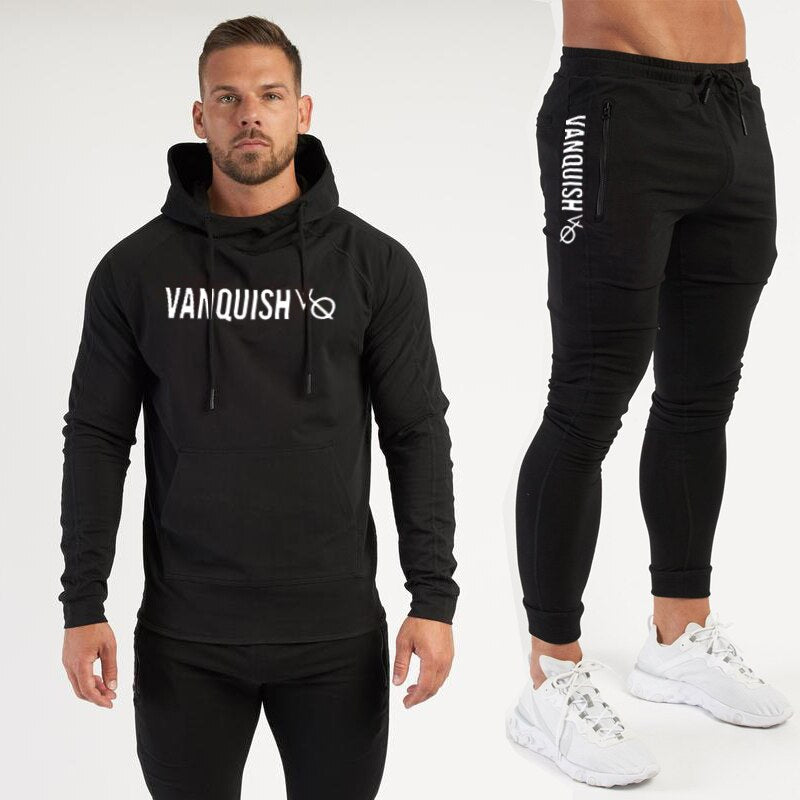 Men Fitness Cotton Printed Hoodie Trousers black white