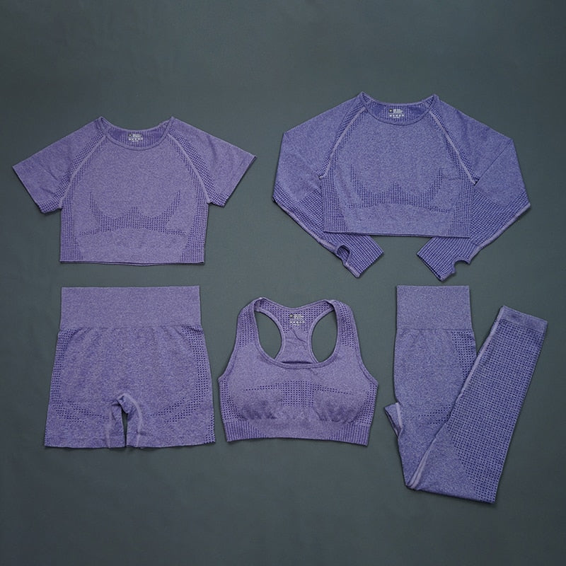 Women Seamless Gym Suits 5pcs set Purple