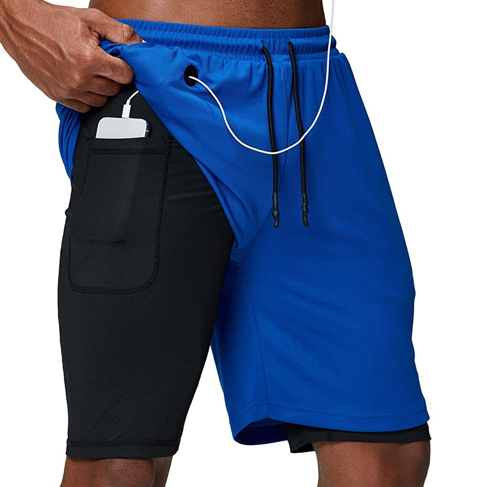 Men Fitness Gym Training 2 in 1 Sports Shorts Blue Headphone Hole