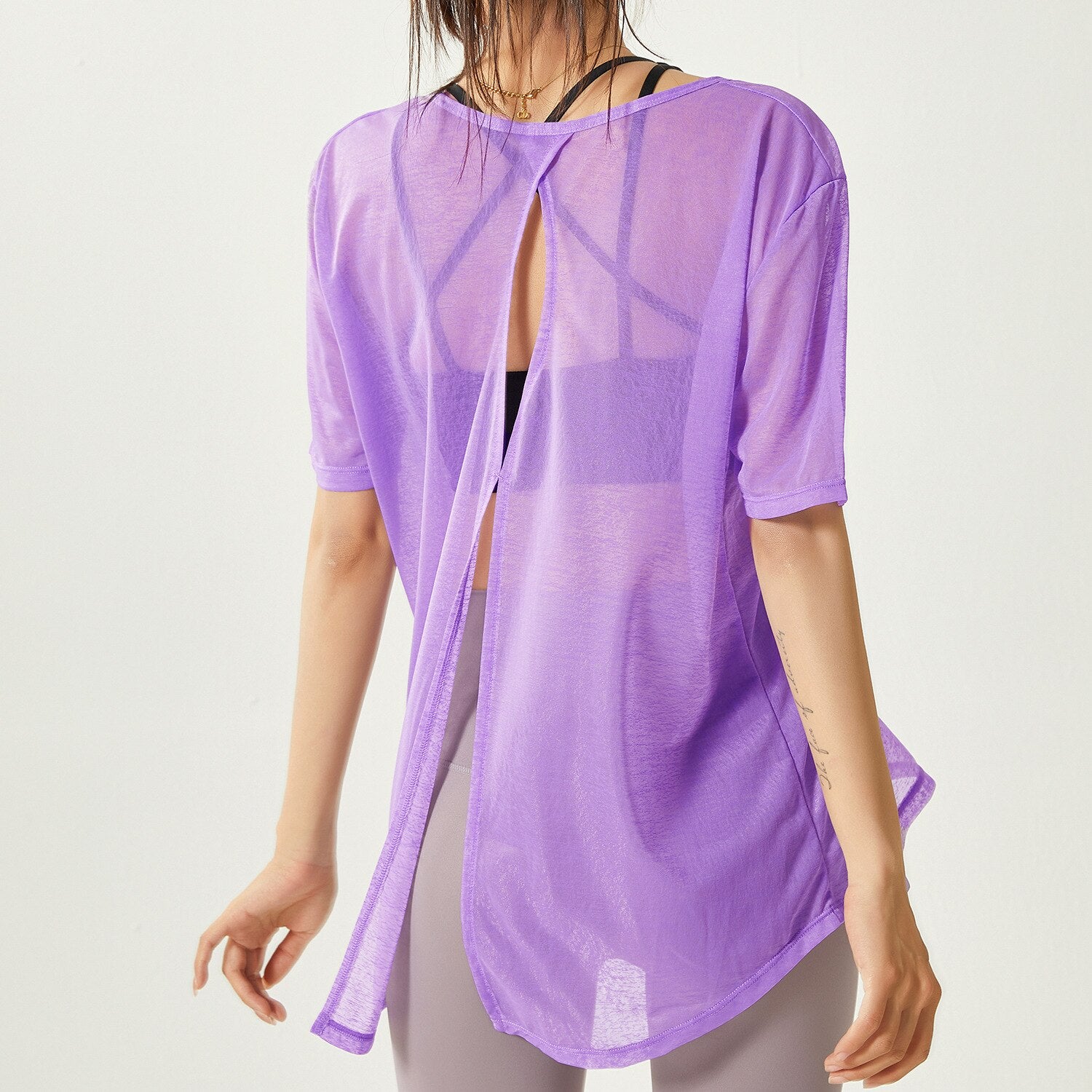 Thin Loose Backless Slit Yoga Shirts QDX146-Austin Purple