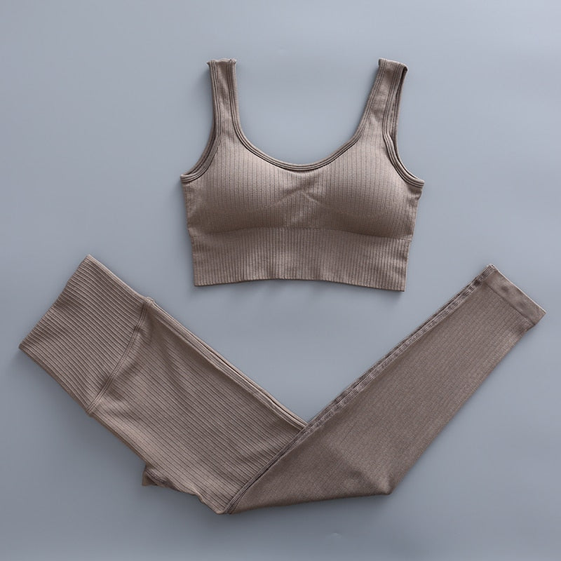 Women Seamless Workout Gym Wear Suits brown bra set