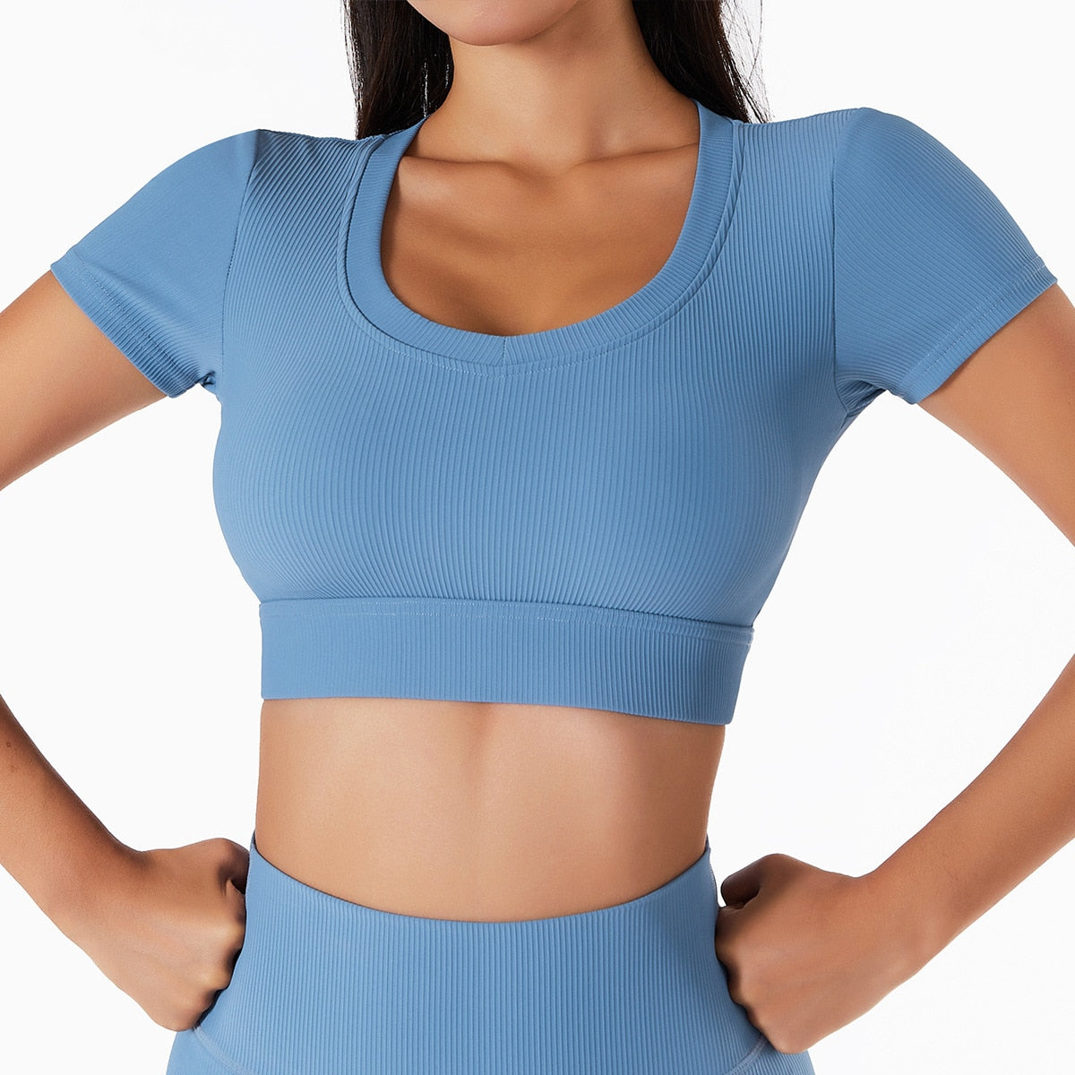 Seamless Women Yoga Sets BlueShort Sleeve 1pc