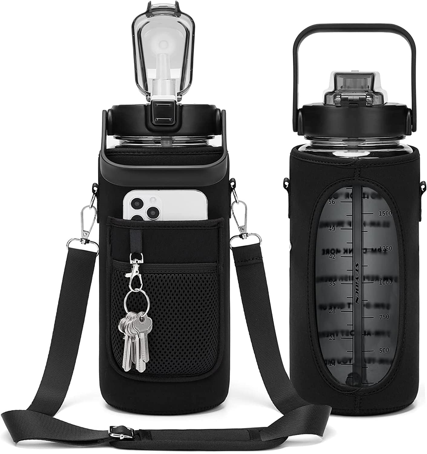 2 Liters Water Bottle with Sleeve 2L Black
