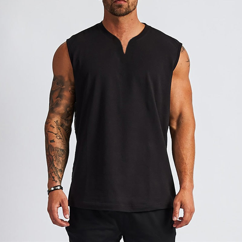 Plain Cotton V-neck Fitness Tank Top Black