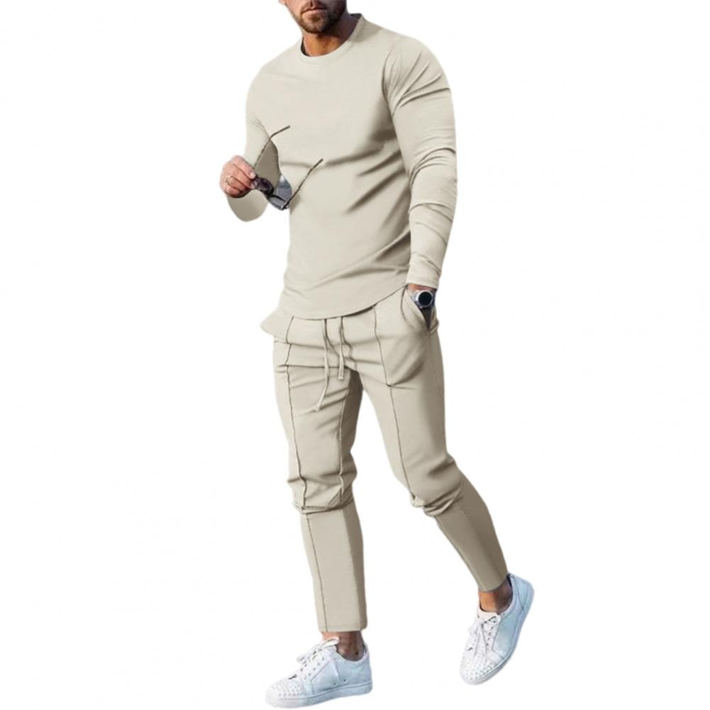 Men Casual Solid Sports Long Sleeved Set Apricot