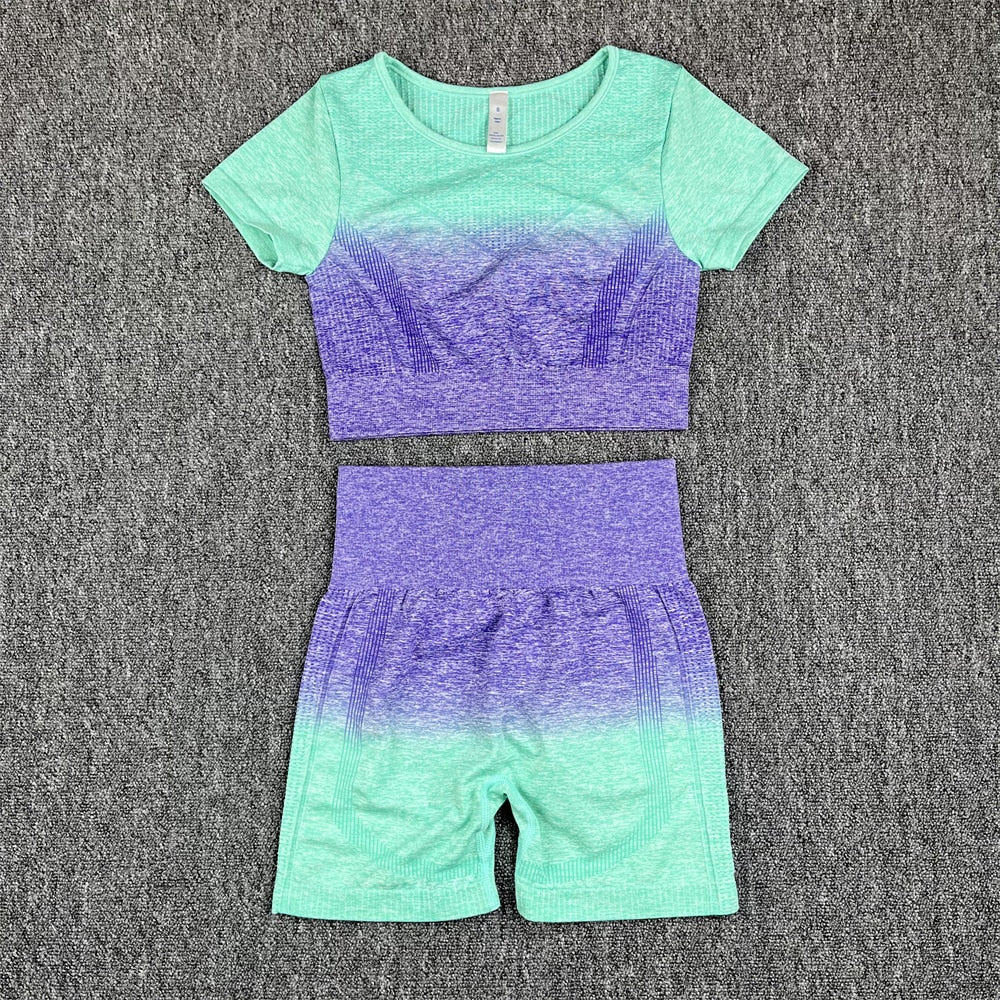 Seamless Women Crop Top Yoga Set Purple T-shirt Short