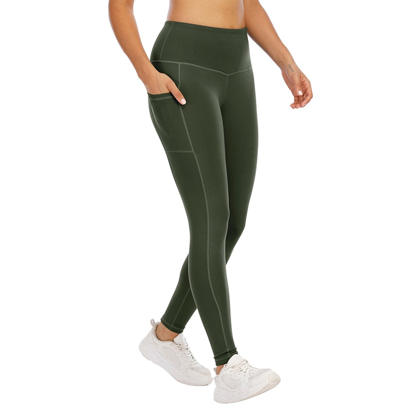 Women High Waist Sport Pockets Leggings Army Green