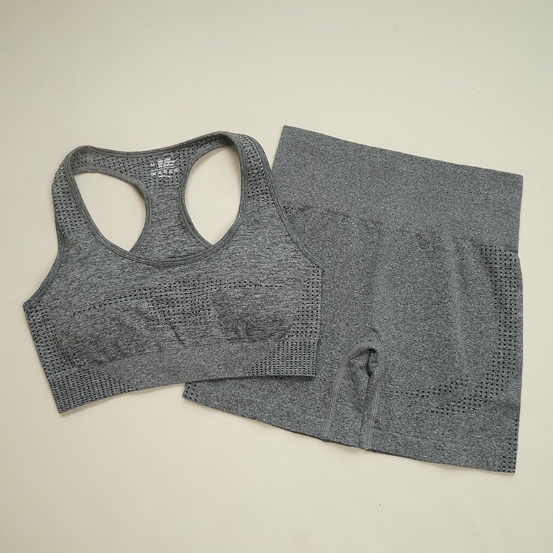 Women Seamless Gym Suits Bra Shorts Grey