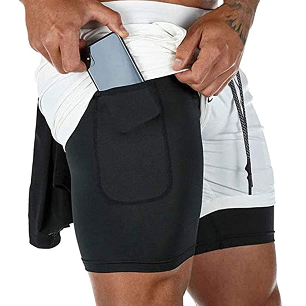 Men Fitness Gym Training 2 in 1 Sports Shorts White No Hole