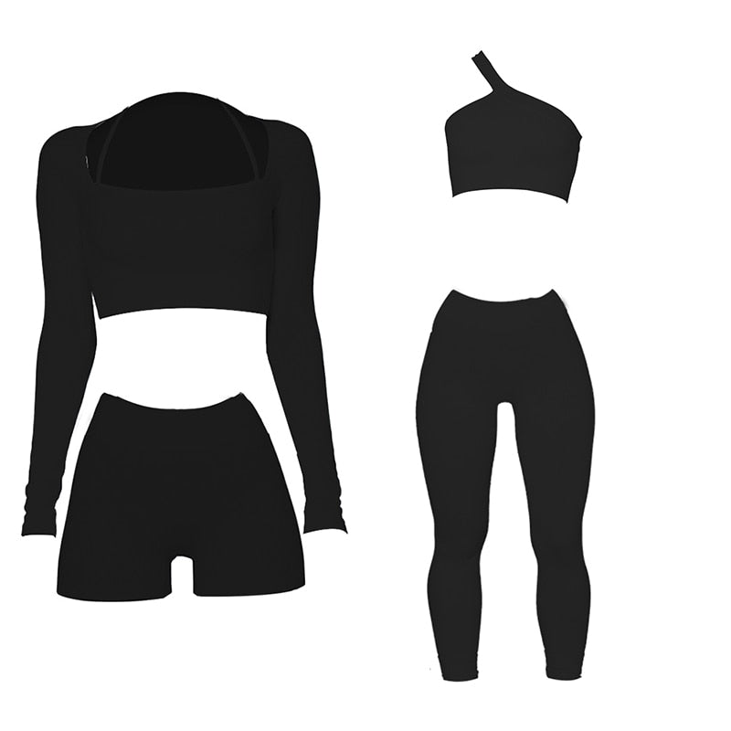 Two Piece Yoga Long Sleeve Tracksuit L4pcs Black