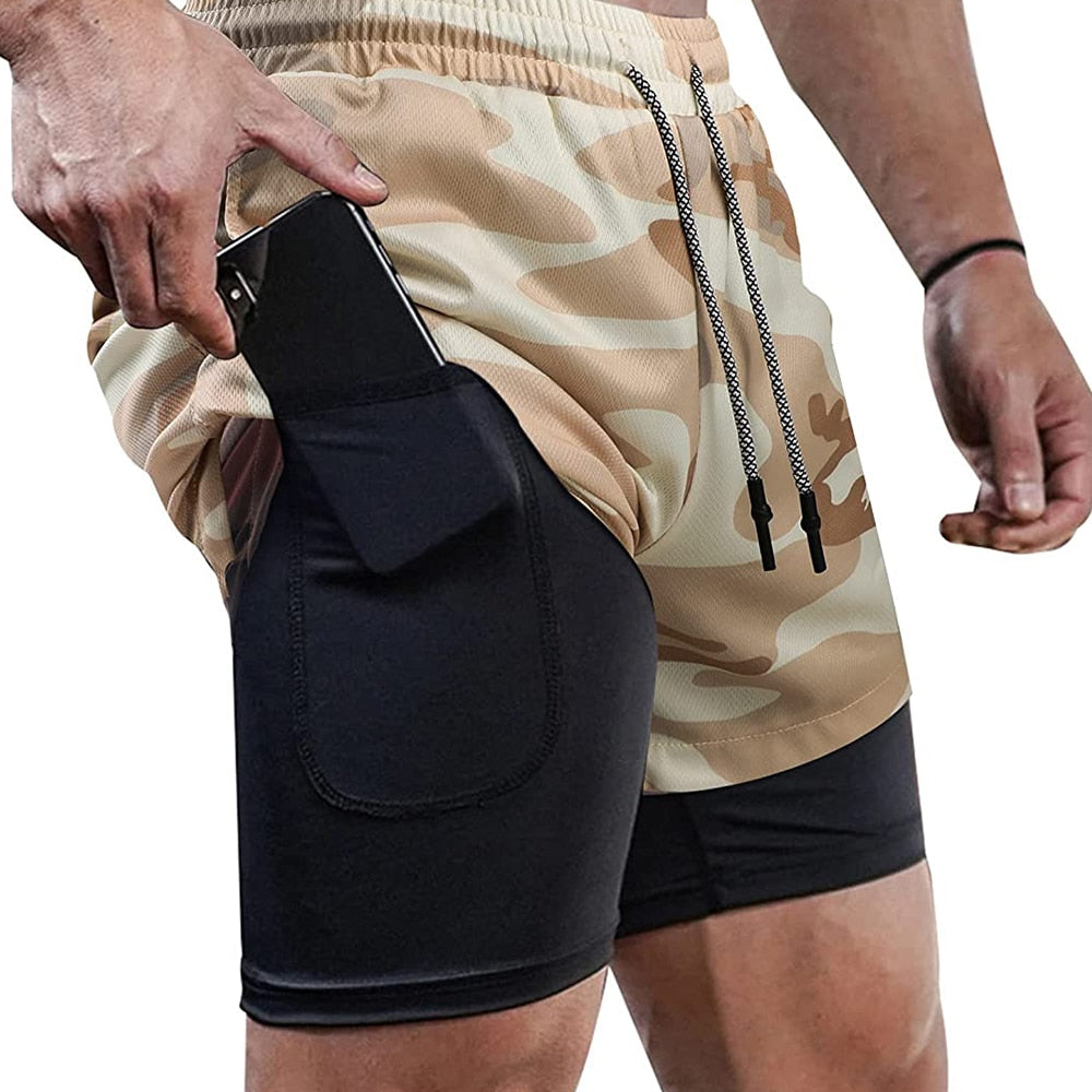 Men Fitness Gym Training 2 in 1 Sports Shorts Camo3 No Hole