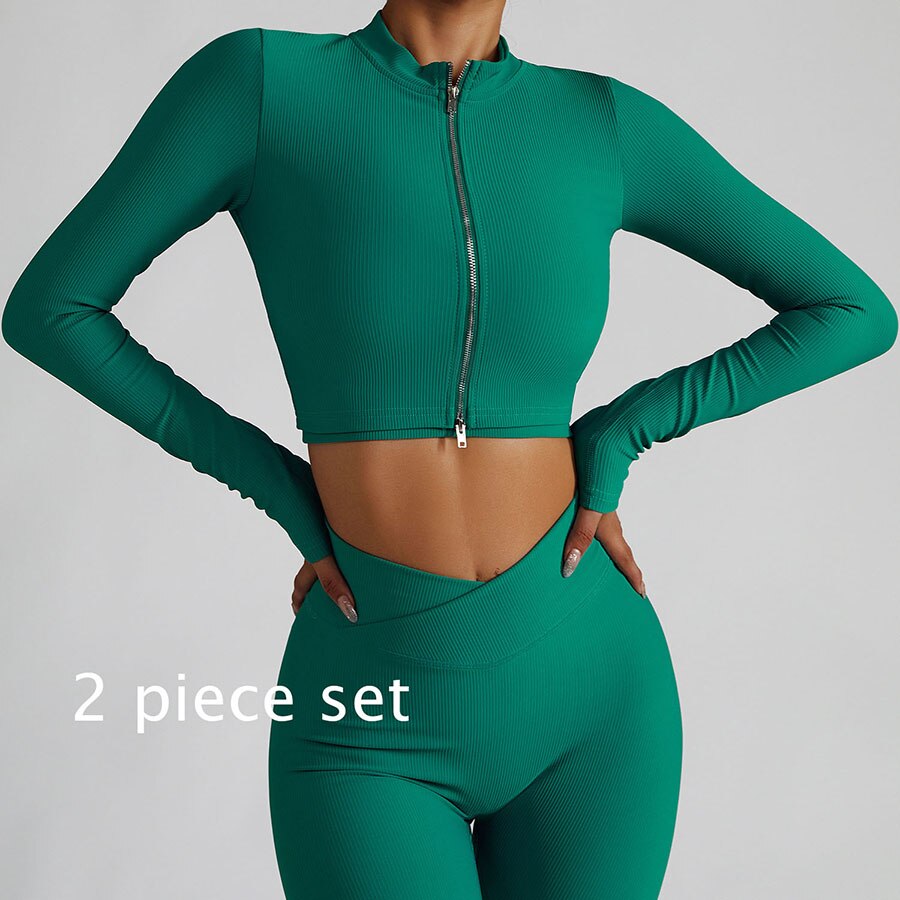 Women 2 Piece Gym Long Sleeve Jacket green 2-piece set