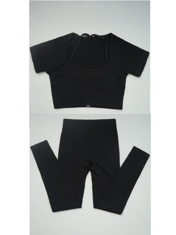 Women Summer Ribbed Gym Set Tshirt Pants-Black