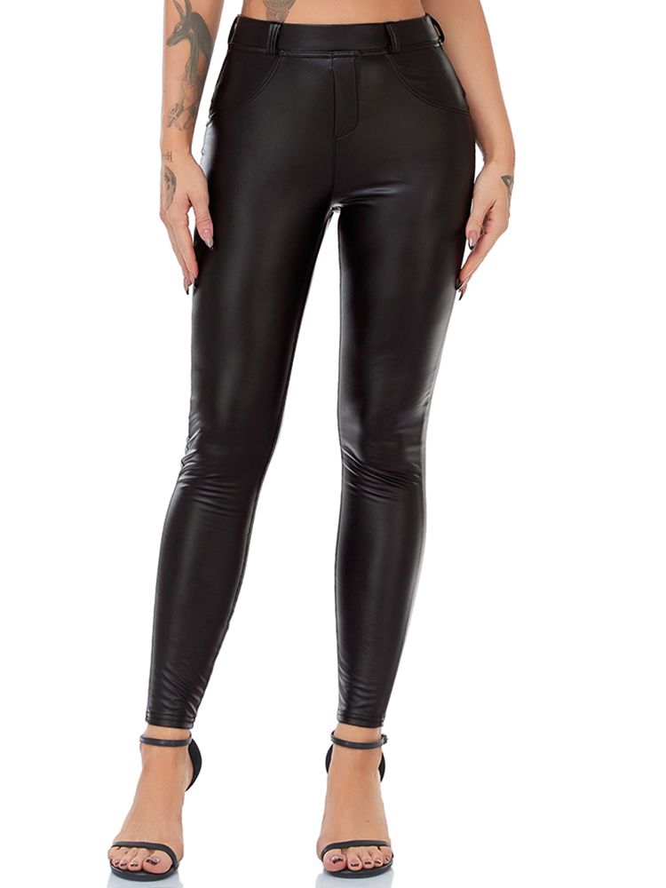 Female High Waist Zipper Pu Leggings No Zipper Black