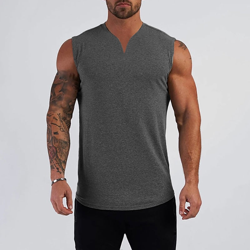 Plain Cotton V-neck Fitness Tank Top Dark Grey