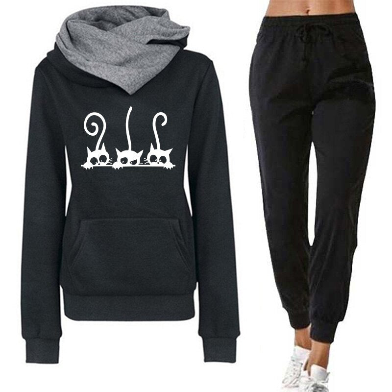 Women's Cute Cat Hooded Jogging Suit Black