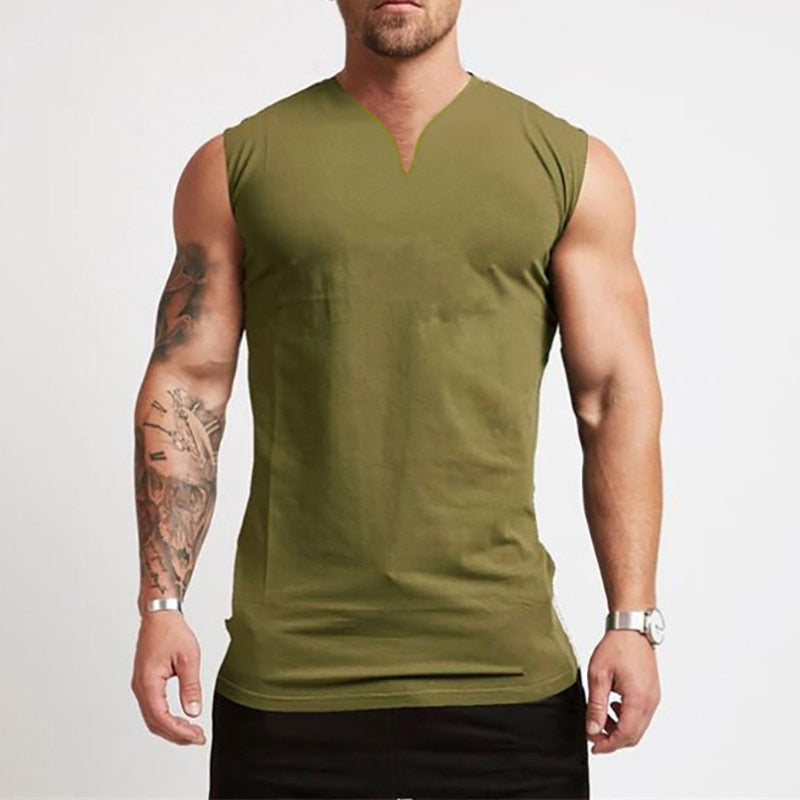 Plain Cotton V-neck Fitness Tank Top Army Green