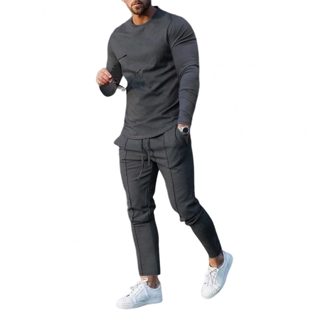 Men Casual Solid Sports Long Sleeved Set Dark Gray