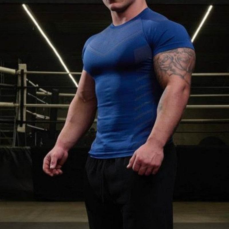 Men Quick Dry Gym tights T Shirt Blue